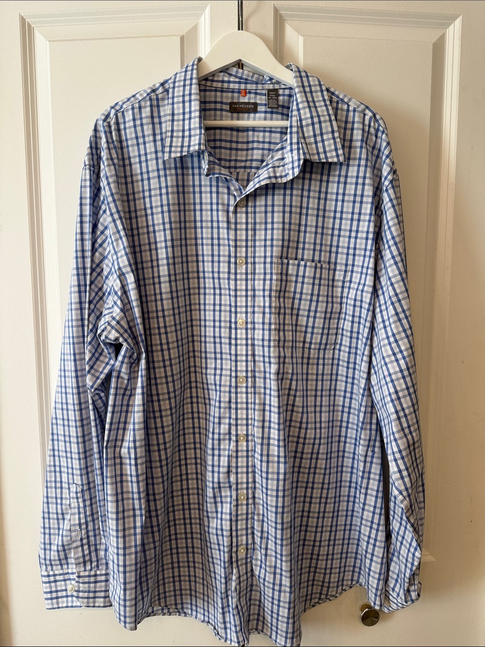 Van Heusen Men’s Light Blue and White Plaid Button-Down Shirt